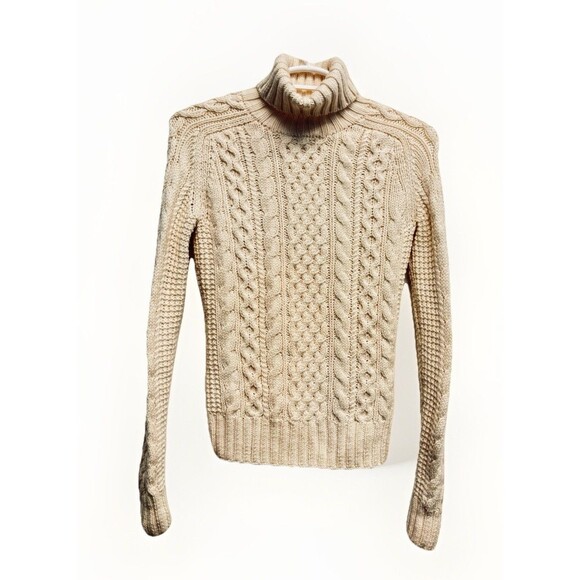 J.Crew Cableknit Chunky Sweater Cream Fisherman Sz L Handknit 100% Wool Retro 90 - Picture 8 of 8